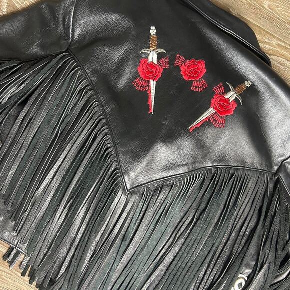 Black Leather Jacket with Red Rose Embroidery and Fringe - Picture 2 of 6